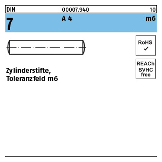 100 Stück, DIN 7 A 4 m6 Zylinderstifte, Toleranzfeld m6 - Abmessung: 6 m6 x 12