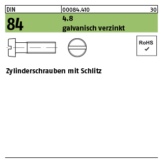 200 Stück, DIN 84 4.8 galvanisch verzinkt Zylinderschrauben mit Schlitz - Abmessung: M 2 x 6