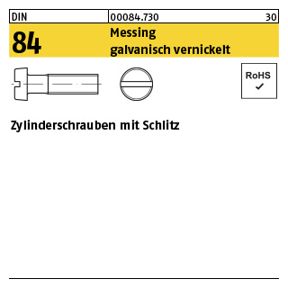 200 Stück, DIN 84 Messing galvanisch vernickelt Zylinderschrauben mit Schlitz - Abmessung: M 2,5 x 8