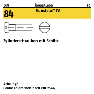 200 Stück, DIN 84 Kunststoff PA Zylinderschrauben mit Schlitz - Abmessung: M 2,5 x 10