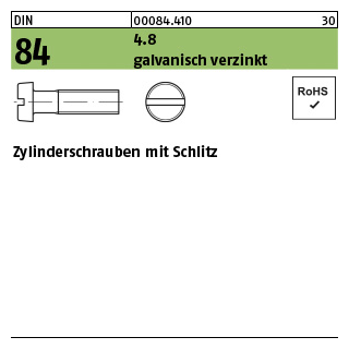 2000 Stück, DIN 84 4.8 galvanisch verzinkt Zylinderschrauben mit Schlitz - Abmessung: M 2,5 x 20