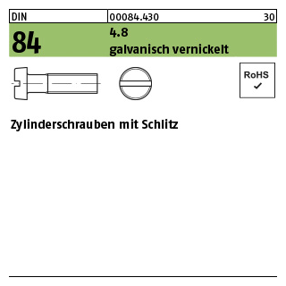 2000 Stück, DIN 84 4.8 galvanisch vernickelt Zylinderschrauben mit Schlitz - Abmessung: M 3 x 8