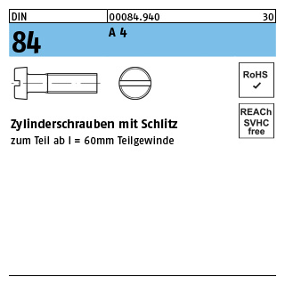 200 Stück, DIN 84 A 4 Zylinderschrauben mit Schlitz - Abmessung: M 3 x 25