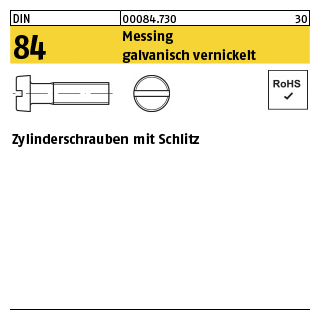 200 Stück, DIN 84 Messing galvanisch vernickelt Zylinderschrauben mit Schlitz - Abmessung: M 4 x 8