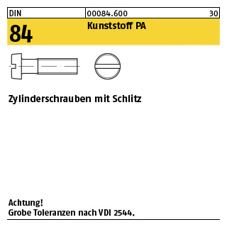 200 Stück, DIN 84 Kunststoff PA Zylinderschrauben mit Schlitz - Abmessung: M 6 x 16