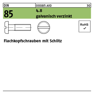 200 Stück, DIN 85 4.8 galvanisch verzinkt Flachkopfschrauben mit Schlitz - Abmessung: M 3 x 4