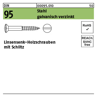 500 Stück, DIN 95 Stahl galvanisch verzinkt Linsensenk-Holzschrauben mit Schlitz - Abmessung: 2 x 10