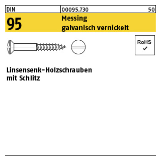 500 Stück, DIN 95 Messing galvanisch vernickelt Linsensenk-Holzschrauben mit Schlitz - Abmessung: 2 x 12