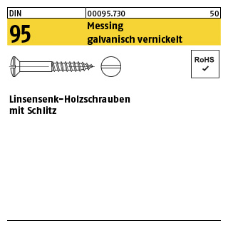 200 Stück, DIN 95 Messing galvanisch vernickelt Linsensenk-Holzschrauben mit Schlitz - Abmessung: 4,5 x 25