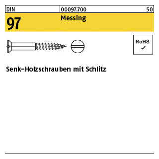 500 Stück, DIN 97 Messing Senk-Holzschrauben mit Schlitz - Abmessung: 1,6 x 8