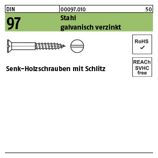 500 Stück, DIN 97 Stahl galvanisch verzinkt Senk-Holzschrauben mit Schlitz - Abmessung: 2 x 10