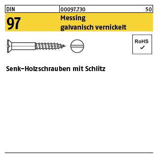 200 Stück, DIN 97 Messing galvanisch vernickelt Senk-Holzschrauben mit Schlitz - Abmessung: 2,5 x 12