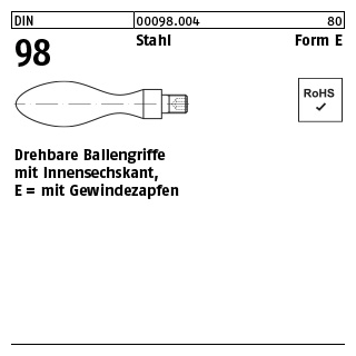 10 Stück, DIN 98 Stahl Form E Drehbare Ballengriffe mit Gewindezapfen, mit Innensechskant - Abmessung: E 20 M 8