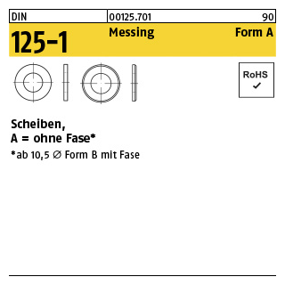 1000 Stück, DIN 125-1 Messing Form A Scheiben - Abmessung: 4,3 x 9 x0,8