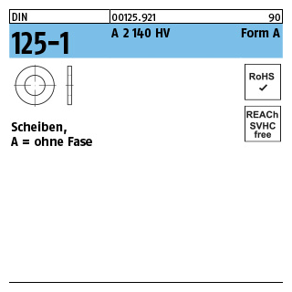 1000 Stück, DIN 125-1 A 2 140 HV Form A Scheiben, ohne Fase - Abmessung: 7,4 x14 x1,6