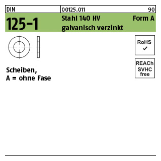 100 Stück, DIN 125-1 Stahl 140 HV Form A galvanisch verzinkt Scheiben, ohne Fase - Abmessung: 8,4 x16 x1,6