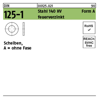 100 Stück, DIN 125-1 Stahl 140 HV Form A feuerverzinkt Scheiben, ohne Fase - Abmessung: 8,4 x16 x1,6