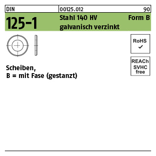 1000 Stück, DIN 125-1 Stahl 140 HV Form B galvanisch verzinkt Scheiben, mit Fase (gestanzt) - Abmessung: 10,5 x 20 x2