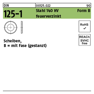 1000 Stück, DIN 125-1 Stahl 140 HV Form B feuerverzinkt Scheiben, mit Fase (gestanzt) - Abmessung: 10,5 x20 x2