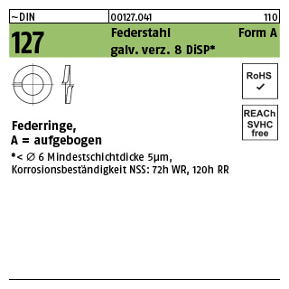 500 Stück, ~DIN 127 Federstahl Form A galv. verz. 8 DiSP Federringe, aufgebogen - Abmessung: A 12