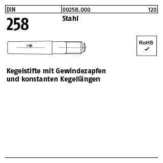 100 Stück, DIN 258 Stahl Kegelstifte mit Gewindezapfen und konstanten Kegellängen - Abmessung: 10 x 75