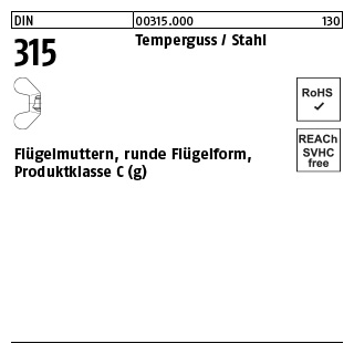 100 Stück, DIN 315 Temperguss Flügelmuttern, runde Flügelform, Produktklasse C (g) - Abmessung: M 6