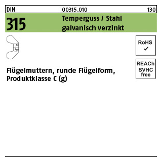 100 Stück, DIN 315 Temperguss/Stahl galvanisch verzinkt Flügelmuttern, runde Flügelform, Produktklasse C (g) - Abmessung: M 6