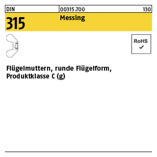 100 Stück, DIN 315 Messing Flügelmuttern, runde Flügelform, Produktklasse C (g) - Abmessung: M 6