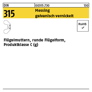 100 Stück, DIN 315 Messing galvanisch vernickelt Flügelmuttern, runde Flügelform, Produktklasse C (g) - Abmessung: M 8