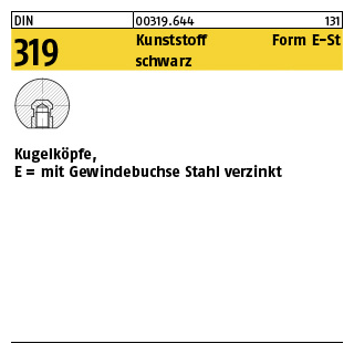 10 Stück, DIN 319 Kunststoff Form E-St schwarz Kugelköpfe, E = mit Gewindebuchse Stahl verzinkt - Abmessung: 40 M 10