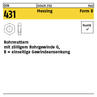 50 Stück, DIN 431 Messing Form B Rohrmuttern mit zölligem Rohrgewinde G, einseitige Gewindeansenkung - Abmessung: BG 1/2 SW32