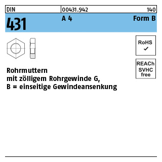 10 Stück, DIN 431 A 4 Form B Rohrmuttern mit zölligem Rohrgewinde G, einseitige Gewindeansenkung - Abmessung: BG 1/2 SW32