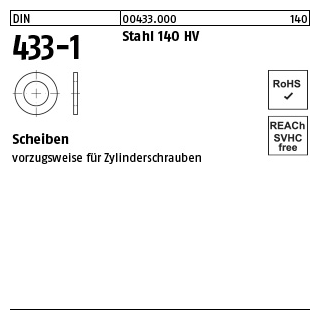 500 Stück, DIN 433-1 Stahl 140 HV Scheiben - Abmessung: 4,3 x 8 x0,5