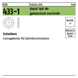 500 Stück, DIN 433-1 Stahl 140 HV galvanisch verzinkt Scheiben - Abmessung: 4,3 x 8 x0,5