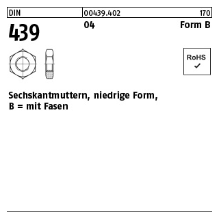 100 Stück, DIN 439 04 Form B Sechskantmuttern, niedrige Form, mit Fasen - Abmessung: BM 2