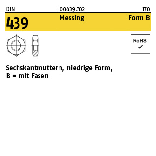 100 Stück, DIN 439 Messing Form B Sechskantmuttern, niedrige Form, mit Fasen - Abmessung: BM 2