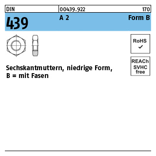 100 Stück, DIN 439 A 2 Form B Sechskantmuttern, niedrige Form, mit Fasen - Abmessung: BM 2,5