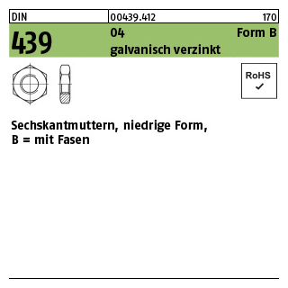 100 Stück, DIN 439 04 Form B galvanisch verzinkt Sechskantmuttern, niedrige Form, mit Fasen - Abmessung: BM 3