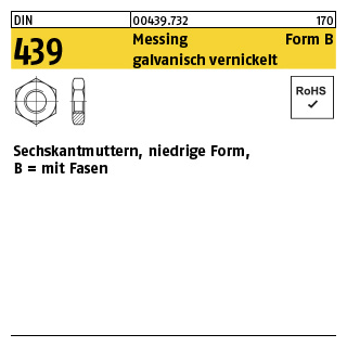 100 Stück, DIN 439 Messing Form B galvanisch vernickelt Sechskantmuttern, niedrige Form, mit Fasen - Abmessung: BM 3