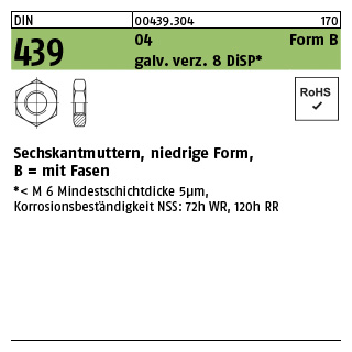 1000 Stück, DIN 439 04 Form B galv. verz. 8 DiSP Sechskantmuttern, niedrige Form, mit Fasen - Abmessung: BM 4