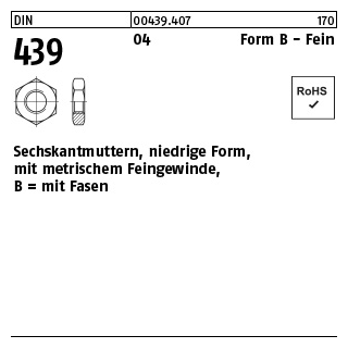 100 Stück, DIN 439 04 Form B - Fein Sechskantmuttern, niedrige Form, mit metrischem Feingewinde, mit Fasen - Abmessung: BM 8 x 1