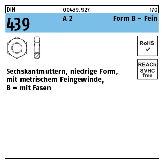 100 Stück, DIN 439 A 2 Form B Fein Sechskantmuttern, niedrige Form, mit metrischem Feingewinde, mit Fasen - Abmessung: BM 8 x 1