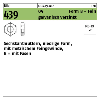 50 Stück, DIN 439 04 Form B - Fein galvanisch verzinkt Sechskantmuttern, niedrige Form, mit metrischem Feingewinde, mit Fasen - Abmessung: BM 20 x 1,5