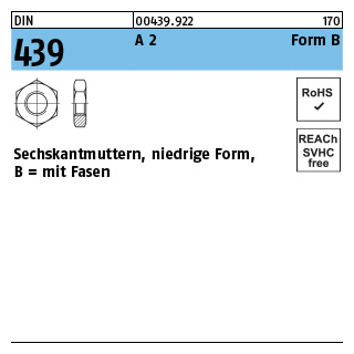 10 Stück, DIN 439 A 2 Form B Sechskantmuttern, niedrige Form, mit Fasen - Abmessung: BM 30