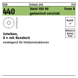 100 Stück, DIN 440 Stahl 100 HV Form R galvanisch verzinkt Scheiben, R = mit Rundloch - Abmessung: R 5,5x 18 x 2