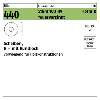 100 Stück, DIN 440 Stahl 100 HV Form R feuerverzinkt Scheiben, R = mit Rundloch - Abmessung: R 11 x 34 x 3