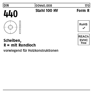 50 Stück, DIN 440 Stahl 100 HV Form R Scheiben, R = mit Rundloch - Abmessung: R 26 x 85 x 6