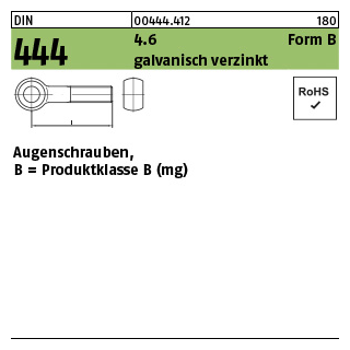 25 Stück, DIN 444 4.6 Form B galvanisch verzinkt Augenschrauben, Produktklasse B (mg) - Abmessung: BM 8 x 55