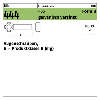 25 Stück, DIN 444 4.6 Form B galvanisch verzinkt Augenschrauben, Produktklasse B (mg) - Abmessung: BM 8 x 110