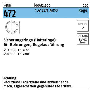 100 Stück, ~DIN 472 1.4122/1.4310 Regel Sicherungsringe (Halteringe) für Bohrungen, Regelausführung - Abmessung: 8 x 0,8